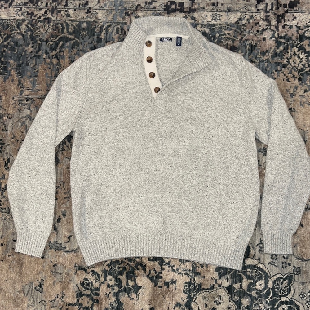 GUC Mens Gray Speckled Button Mock Neck Sweater, XL
